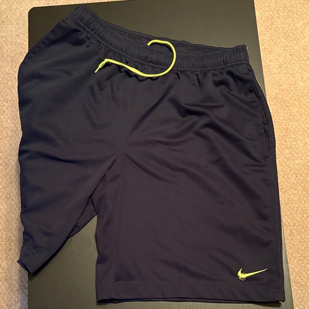 Nike Men's Dark Blue Athletic Shorts with Neon Accents - Size L